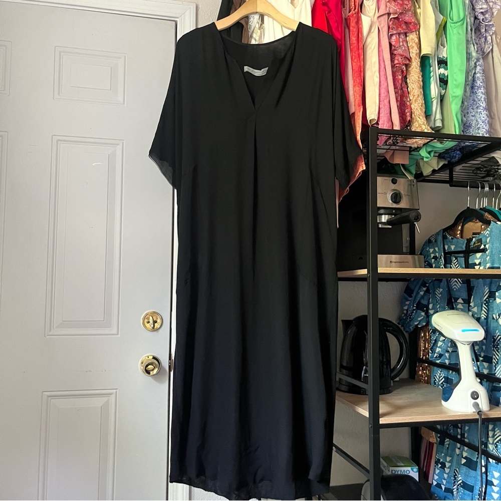 RAQUEL ALLEGRA black mixed media silk rayon knit draped short sleeve midi maxi